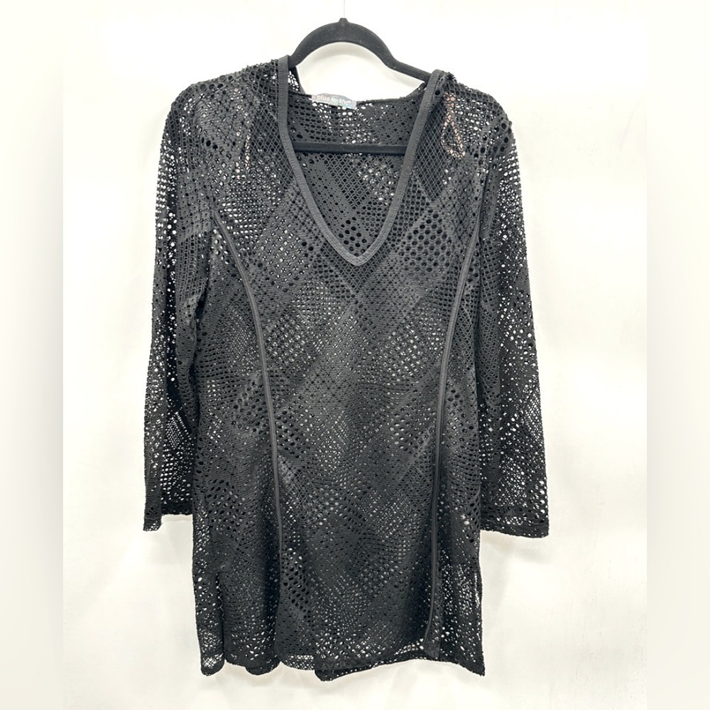 blue island Black Crochet V-Neck Swim Coverup